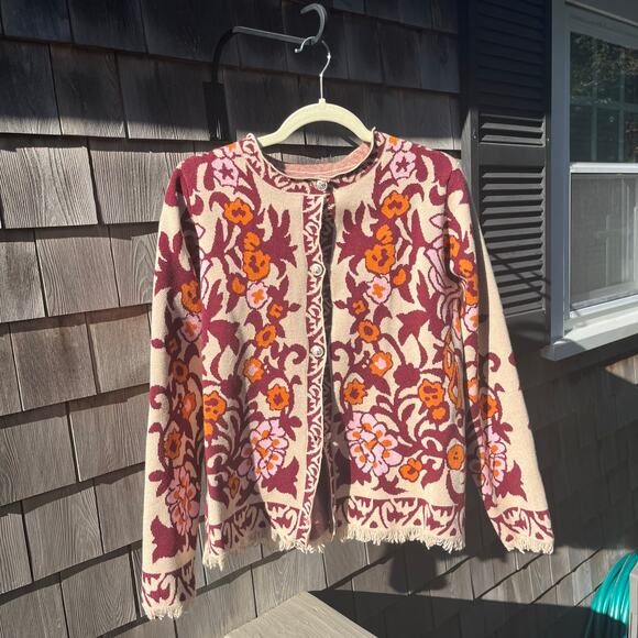Jacket Sweater, Button Up, Orange & Maroon HIppie, Fringe, Medium, NWOT - Picture 1 of 4